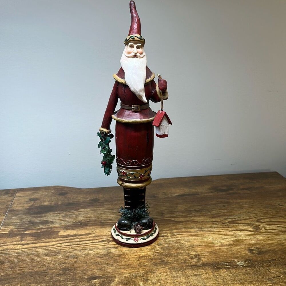 14” Santa Holding Wreath Wood Like Christmas Table Mantle Decor